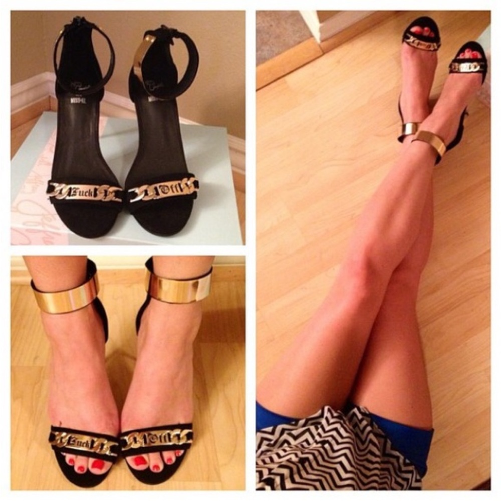 Jeffrey Campbell Malice Shoe "F-u-c-k  Off" Black Suede Gold Chain Heel Size 8.5 - Picture 14 of 14